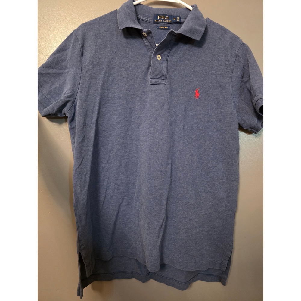 Polo Ralph Lauren Mens Stretch Mesh Polo Shirt Blue Heather Red Pony Size M
